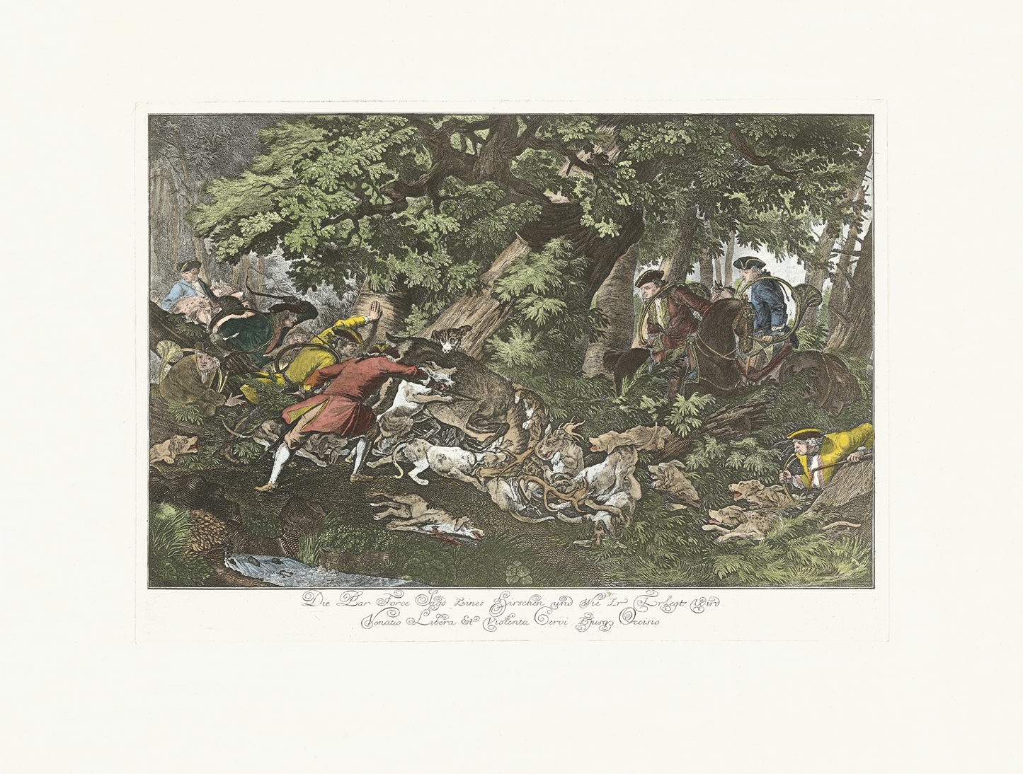 Hirsch, Hirschjagd - Johann Elias Ridinger, koloriert