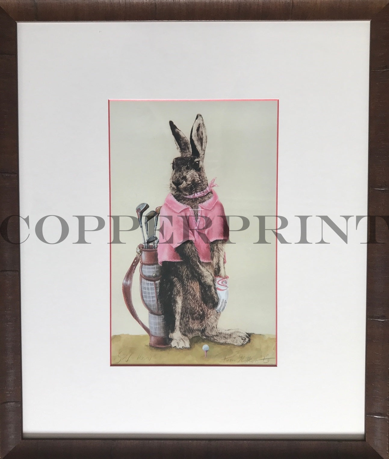 Häsin im Golfoutfit Kunstdruck Tiefdruck