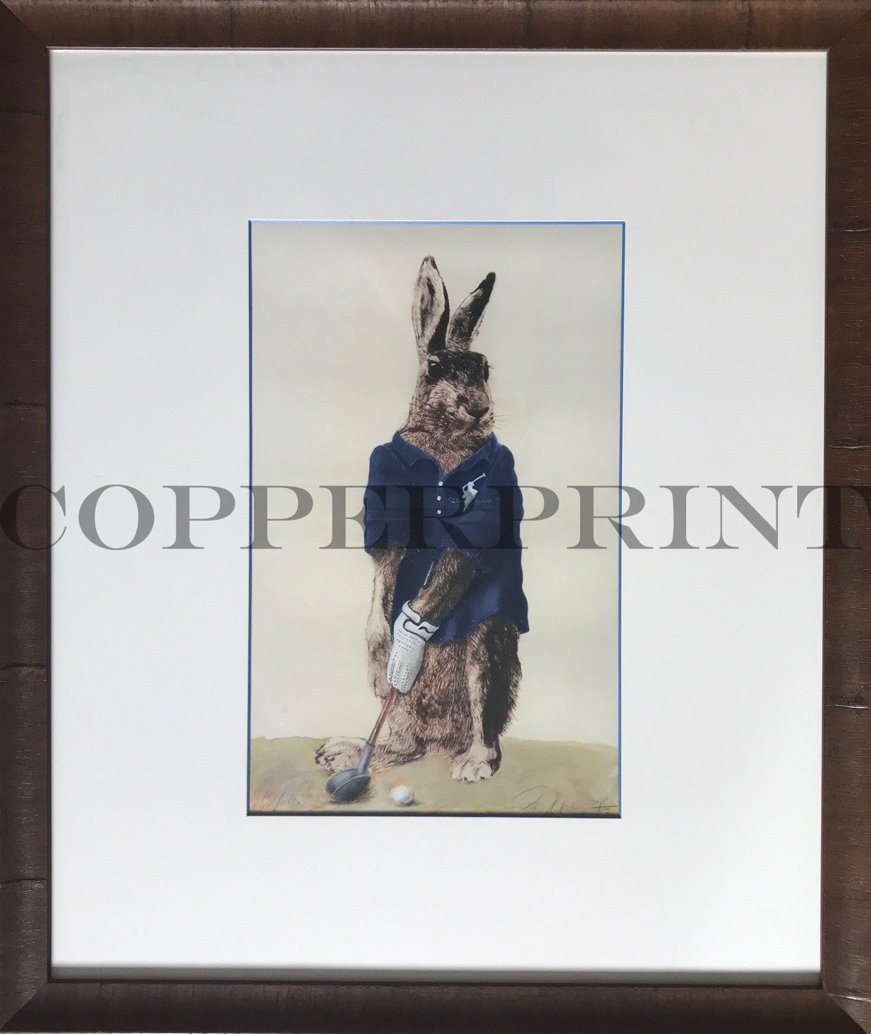 Hase im Golfoutfit Kunstdruck Tiefdruck