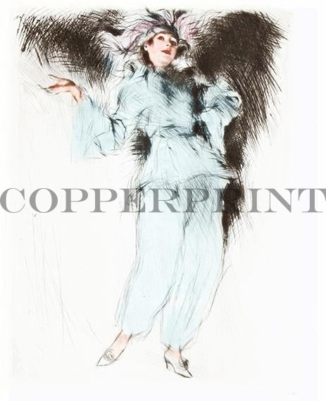 weibliches Model in blauem Kleid Kunstdruck Tiefdruck