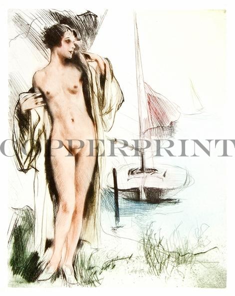 weibliches Aktmodel steht vor Segelboot Kunstdruck Tiefdruck