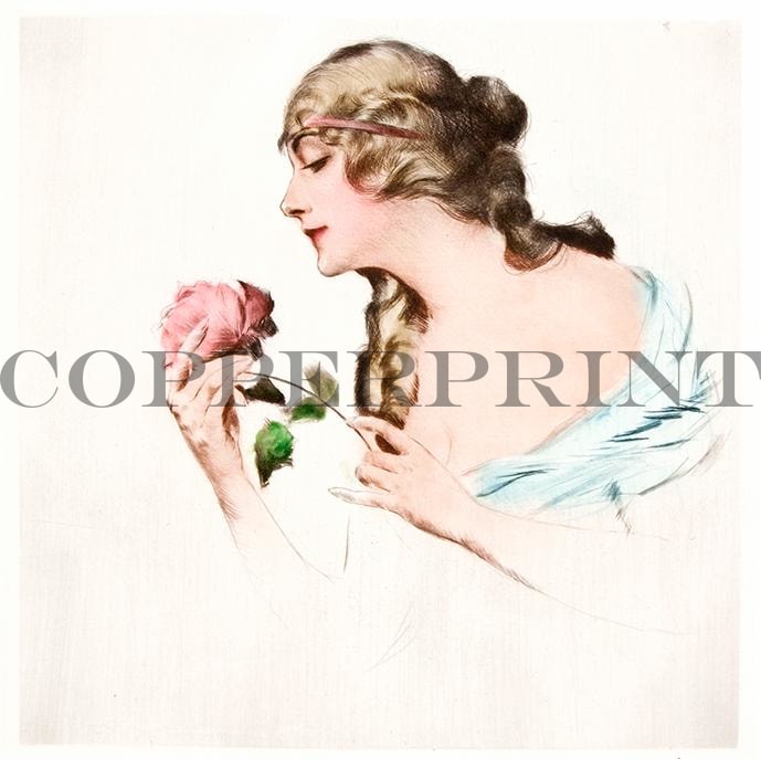 Portrait einer Frau mit Rose Kunstdruck Tiefdruck