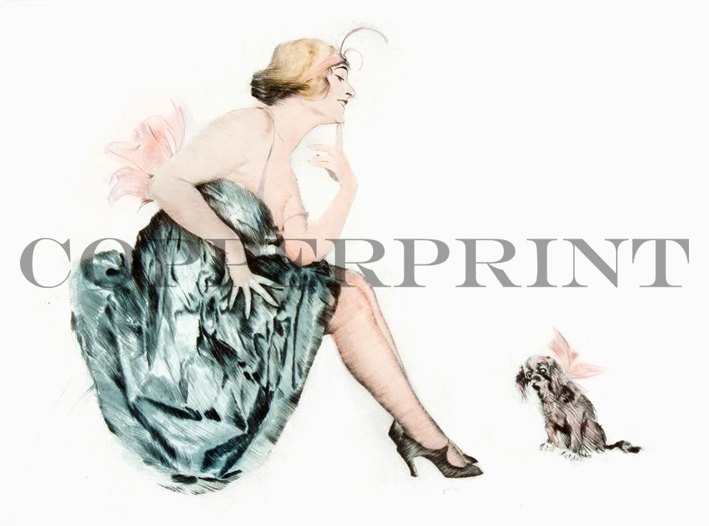 Dame in grünem Kleid mit Hündchen Kunstdruck Tiefdruck