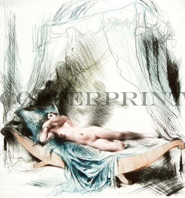 weibliches Aktmodel liegend im Bett Kunstdruck Tiefdruck