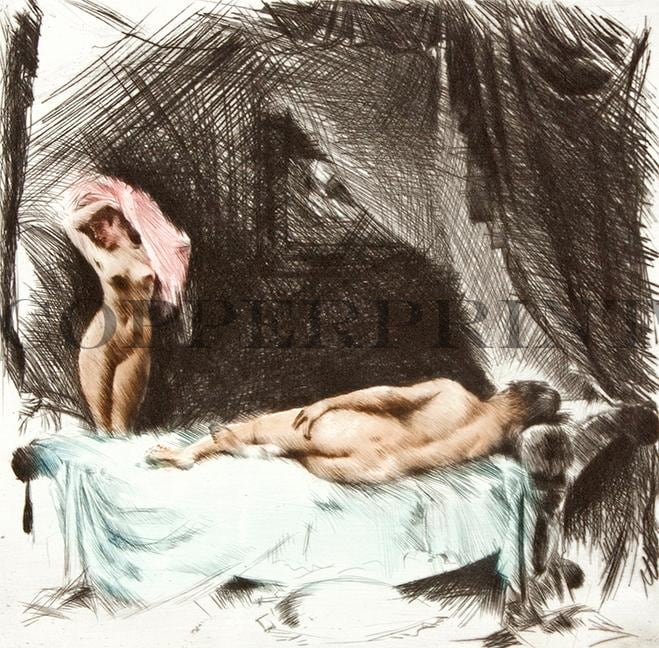 Zwei weibliche Aktmodelle im Schlafzimmer Kunstdruck Tiefdruck