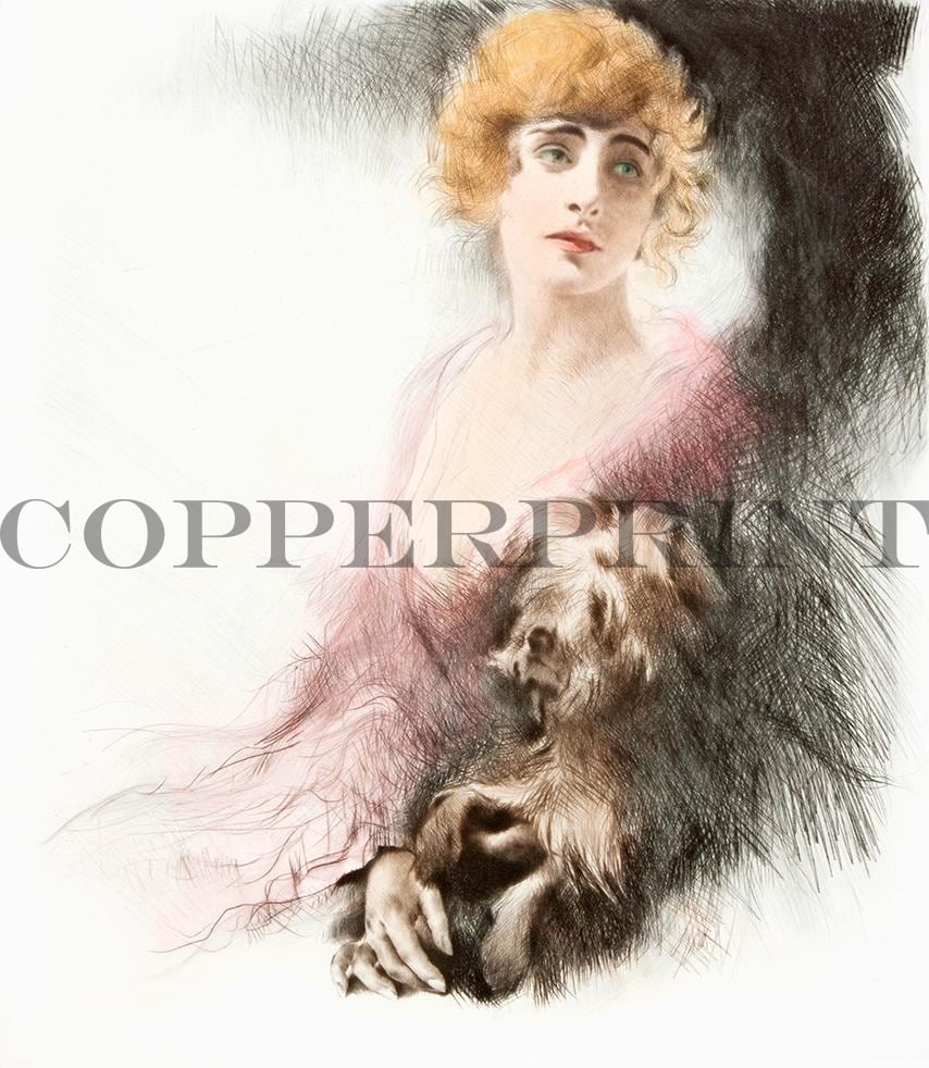 Portrait einer Dame mit Hund Kunstdruck Tiefdruck