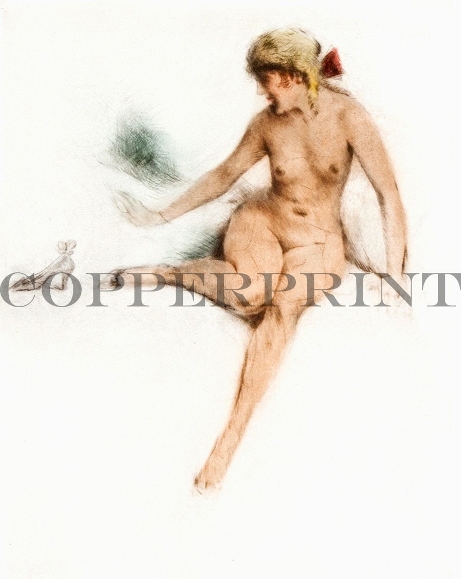 weibliches Aktmodel sitzend Kunstdruck Tiefdruck