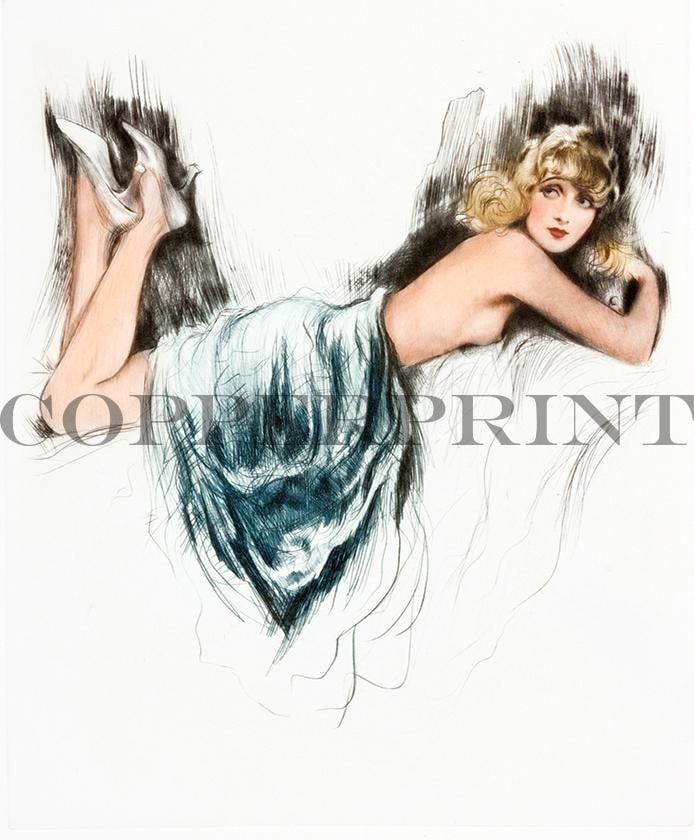 weibliches Aktmodel liegend mit Tuch Kunstdruck Tiefdruck