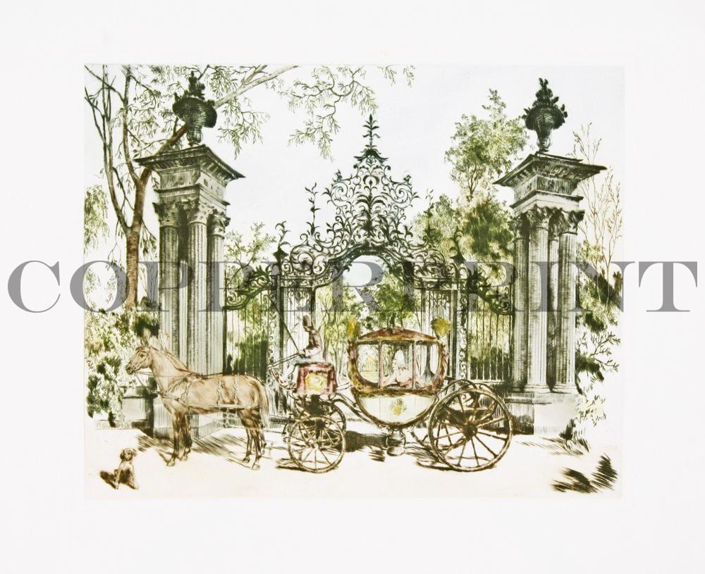 Kutsche mit Pferd vor Tor Kunstdruck Tiefdruck