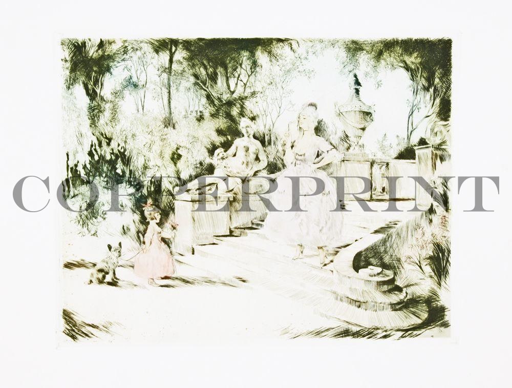 Frau im Park auf der Treppe Kunstdruck Tiefdruck