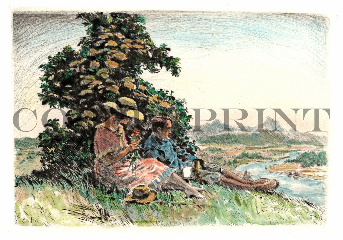 Mann und Frau rasten auf Hügel Kunstdruck Tiefdruck