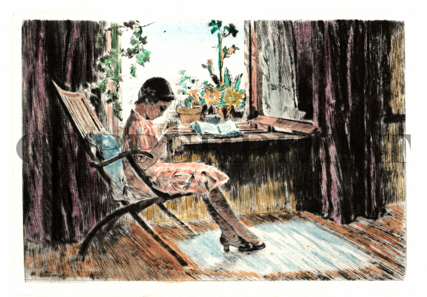 Mädchen bei der Handarbeit Kunstdruck Tiefdruck