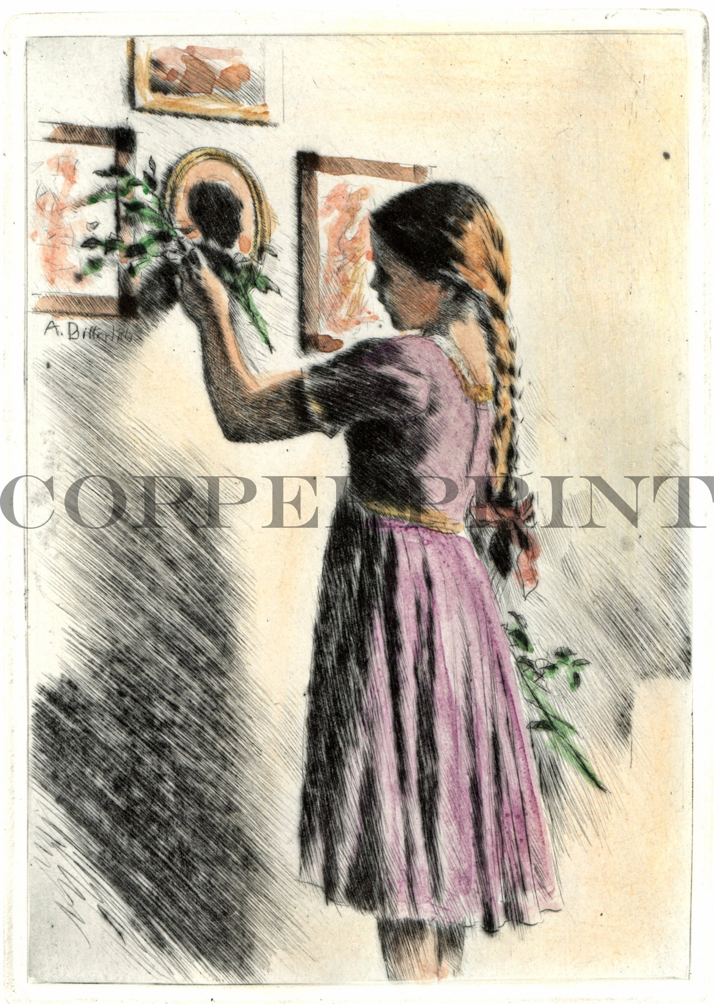 Mädchen schaut Bilder an der Wand an Kunstdruck Tiefdruck