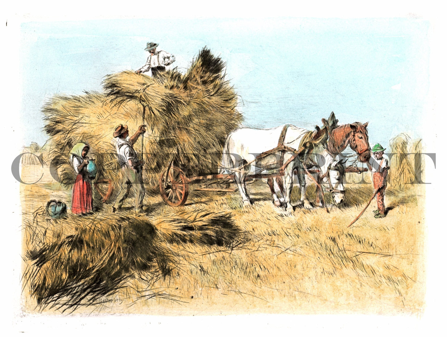 Menschen bei der Heuernte Kunstdruck Tiefdruck