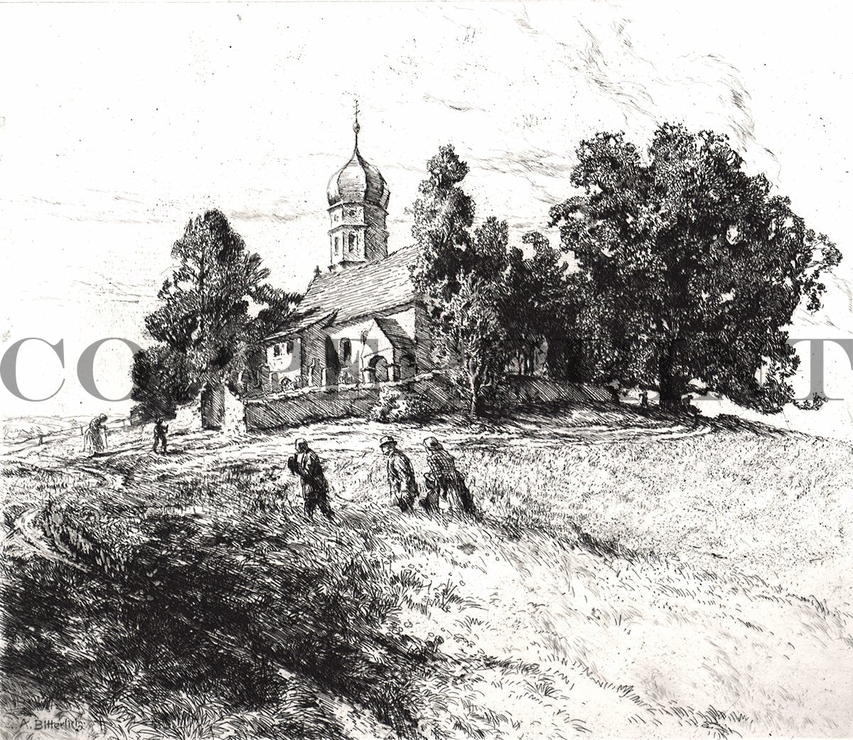 Kapelle auf einem Hügel Kunstdruck Tiefdruck