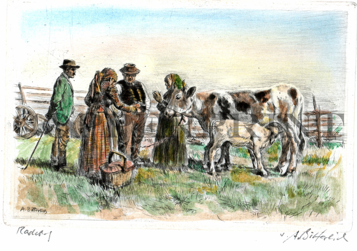 Bauern mit Kühen auf Wiese Kunstdruck Tiefdruck