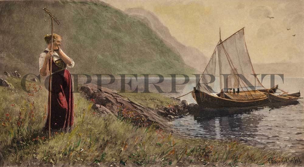 Frau am See mit Boot Kunstdruck Tiefdruck