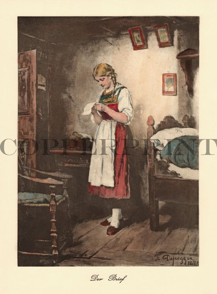 Mädchen im Dirndl liest Brief Kunstdruck Tiefdruck