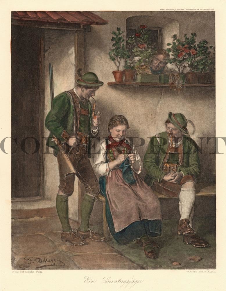 Drei Leute sitzen vor dem Haus Kunstdruck Tiefdruck