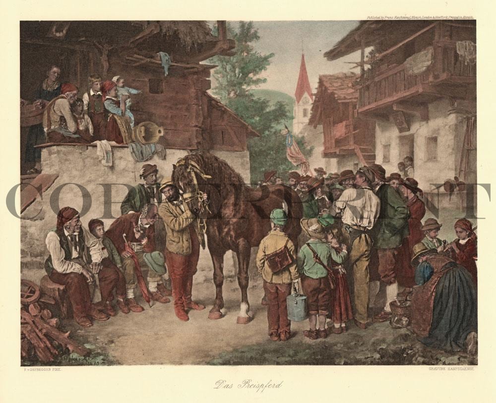 Pferd steht inmitten von Leuten Kunstdruck Tiefdruck