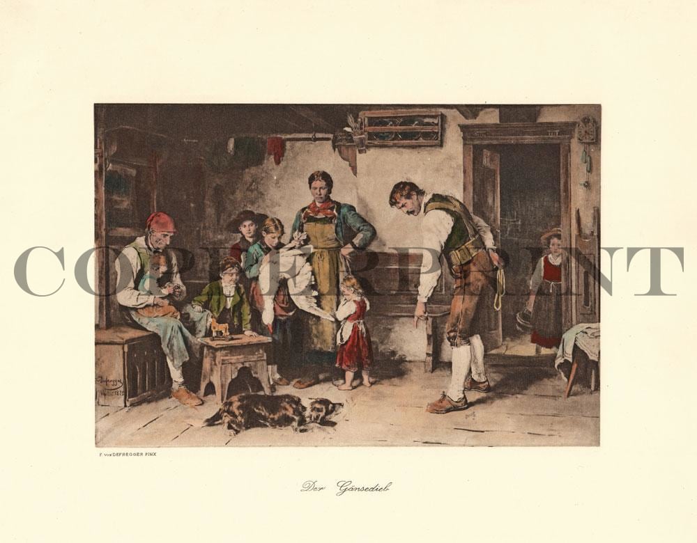 Leute in altem Bauernhaus mit Hund und Gans Kunstdruck Tiefdruck