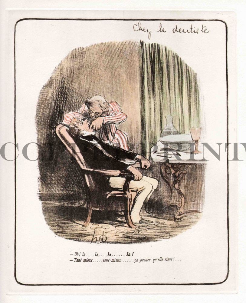 Humorvolle Illustration vom Zahnarzt mit Patient Kunstdruck Tiefdruck