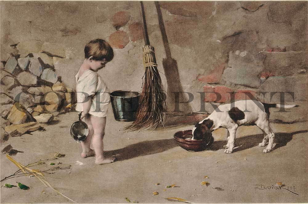 kleines Kind füttert Hund Kunstdruck Tiefdruck