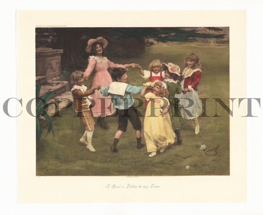 Kinder mit Frau tanzen im Garten Kunstdruck Tiefdruck