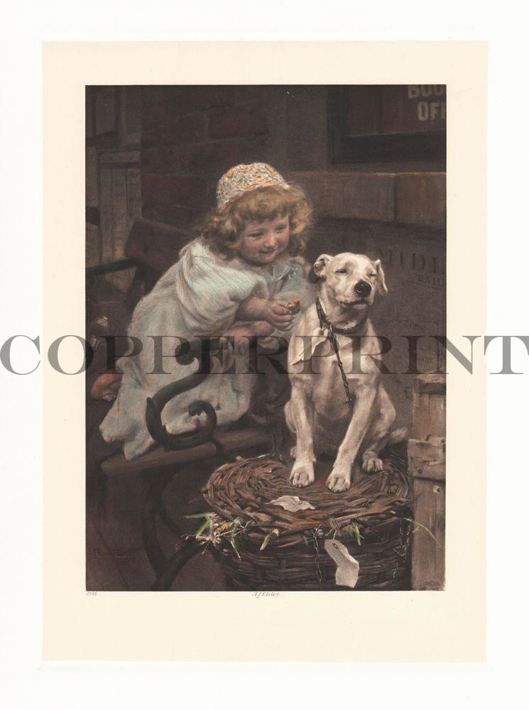 Kind streichelt Hund Kunstdruck Tiefdruck