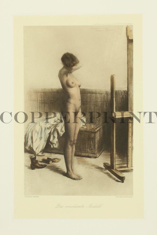 weibliches Aktmodel stehend bei Staffelei Kunstdruck Tiefdruck