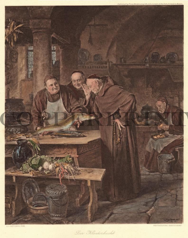 Mönche betrachten Hecht im Kloster Kunstdruck Tiefdruck