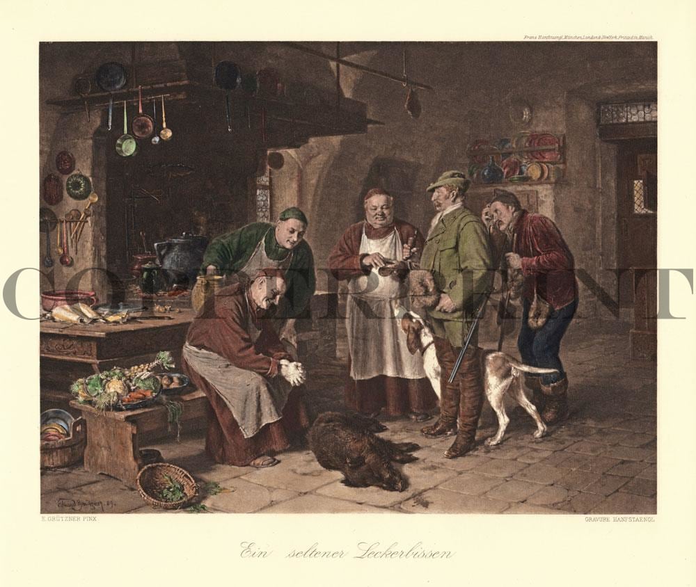 Leute in Küche füttern Hund Kunstdruck Tiefdruck