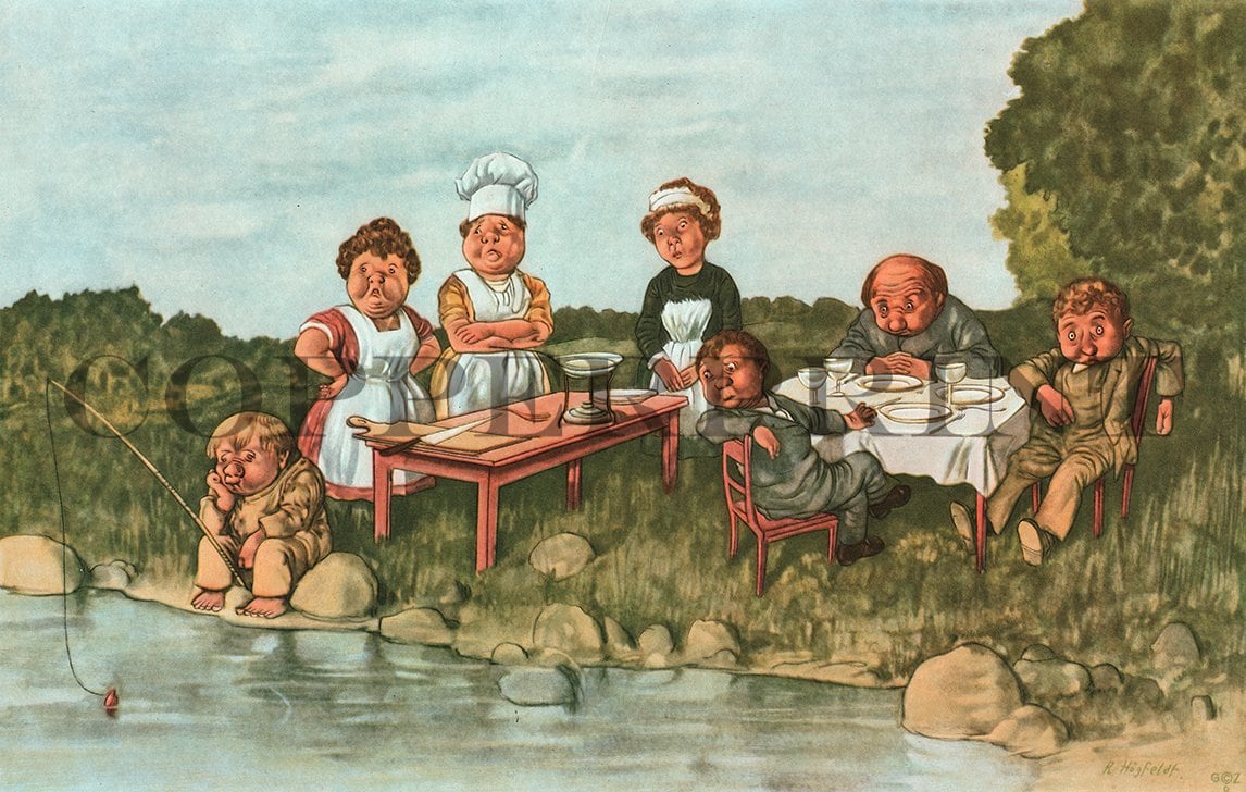 Illustration von Leuten beim Angeln und Essen Kunstdruck Tiefdruck