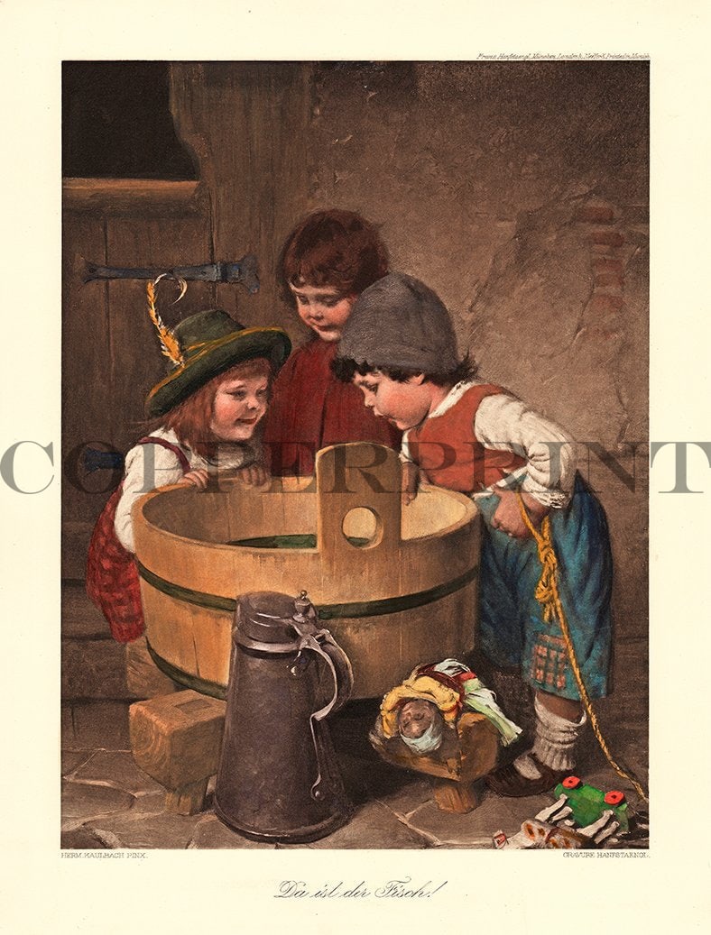 Kinder stehen um Fass mit Fisch Kunstdruck Tiefdruck
