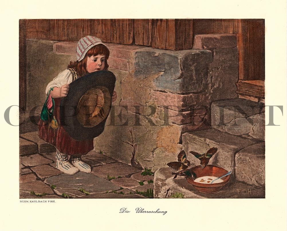 Mädchen spielt mit Hut und Vögeln Kunstdruck Tiefdruck