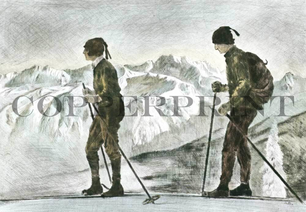 Schifahrer in den Bergen Kunstdruck Tiefdruck