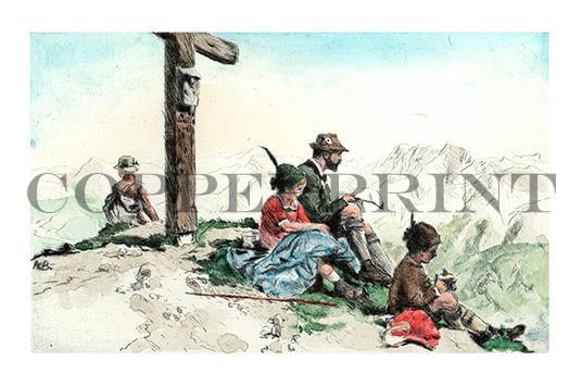 Familie auf dem Gipfel mit Gipfelkreuz Kunstdruck Tiefdruck