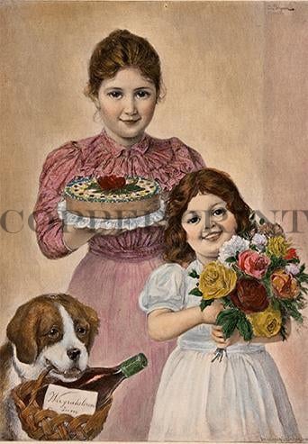 zwei Mädchen mit Hund Kunstdruck Tiefdruck