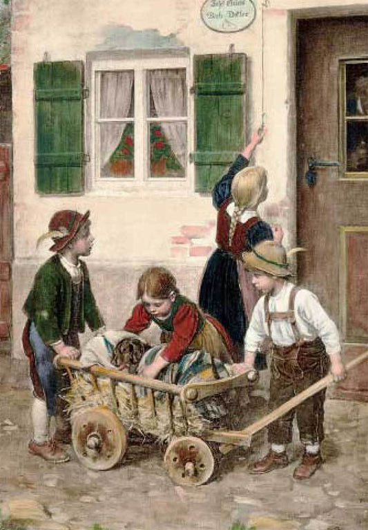 Kinder mit Dackel im Holzwagen vor Haus Kunstdruck Tiefdruck