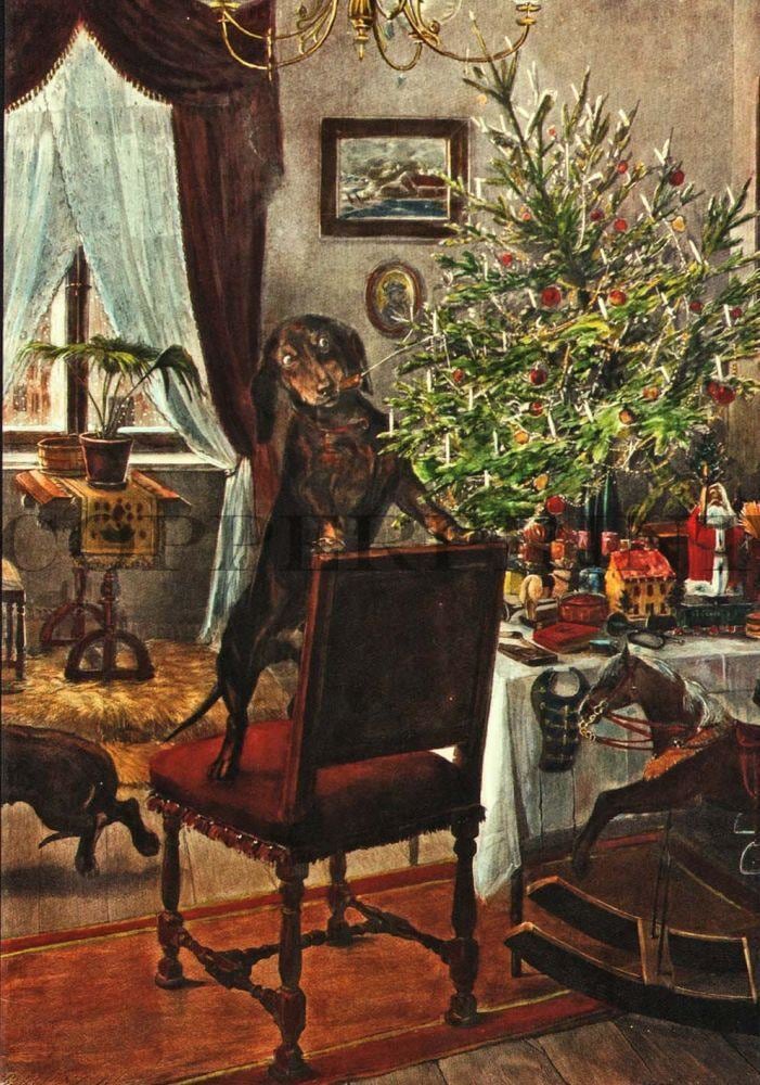 Hund kippt Weihnachtsbaum um Kunstdruck Tiefdruck