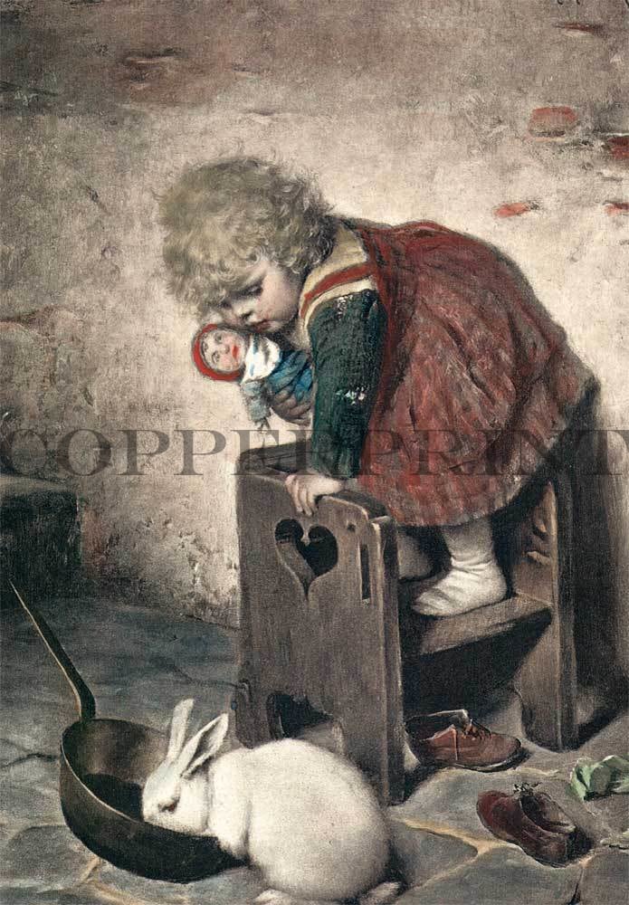 Mädchen beobachtet Hase Kunstdruck Tiefdruck