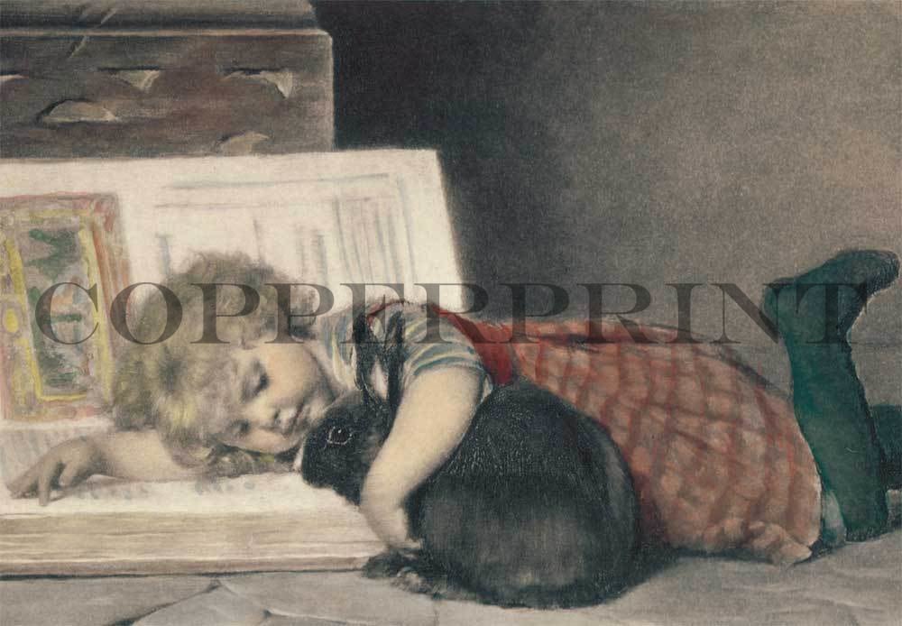 Mädchen mit Hase liegt auf Buch Kunstdruck Tiefdruck