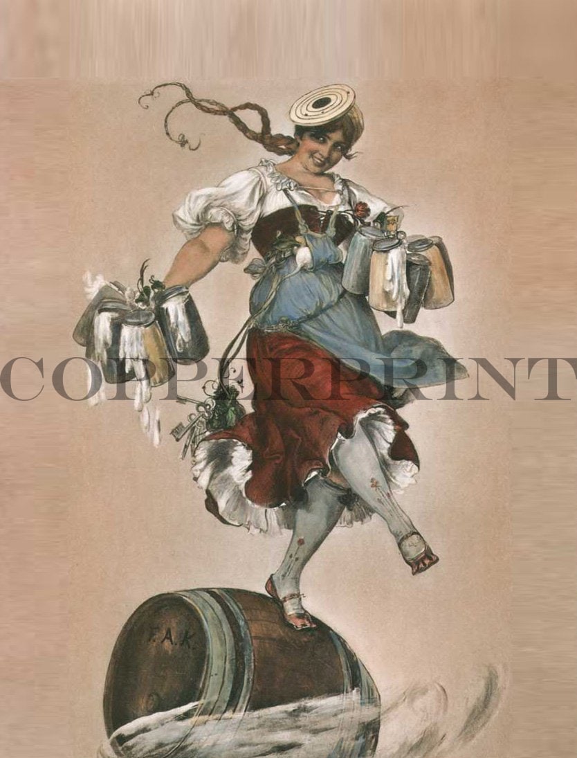 Frau mit Bierkrügen tanzend auf einem Fass Kunstdruck Tiefdruck