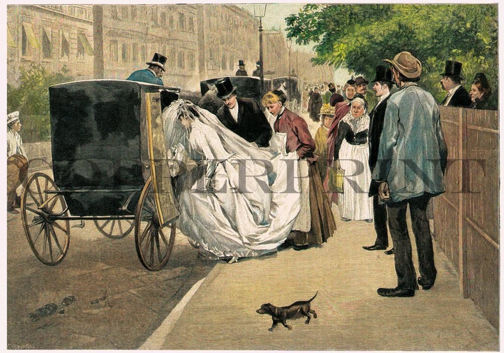 Hochzeitspaar steigt in Kutsche ein Kunstdruck Tiefdruck