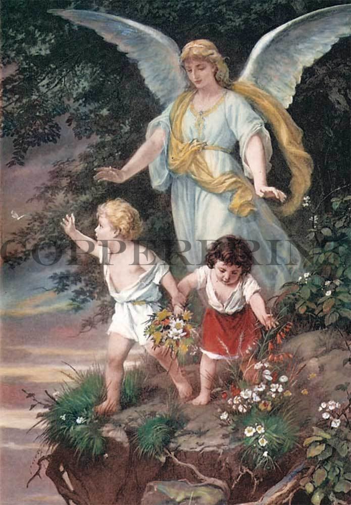 zwei Kinder mit Engel im Wald Kunstdruck Tiefdruck