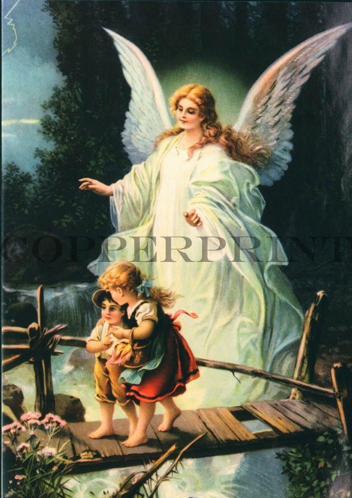 zwei Kinder mit Engel auf Brücke Kunstdruck Tiefdruck