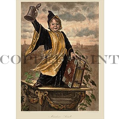 Münchner Kindl mit München im Hintergrund Kunstdruck Tiefdruck