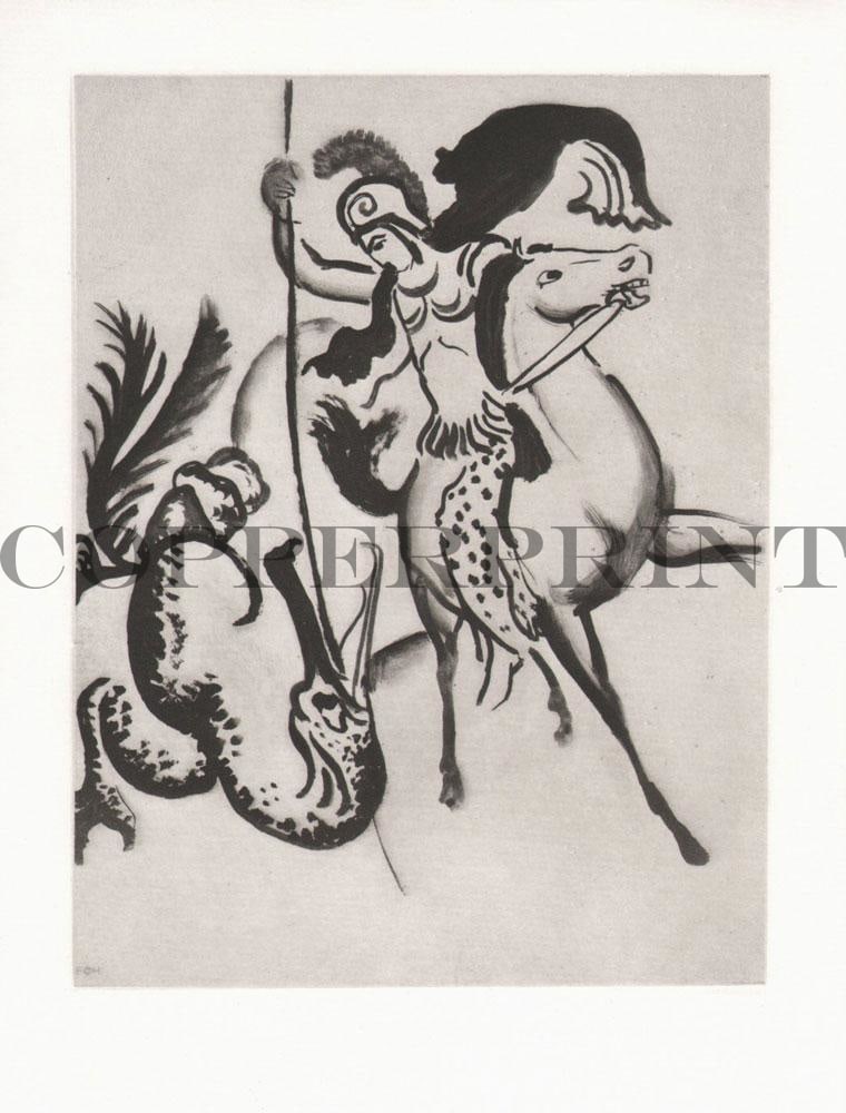 Mann auf Pferd bekämpft Monster Kunstdruck Tiefdruck