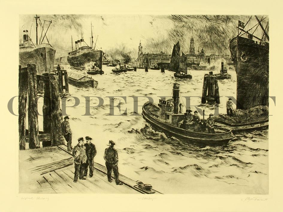 Stadtansicht von Hamburg am Kai Kunstdruck Tiefdruck