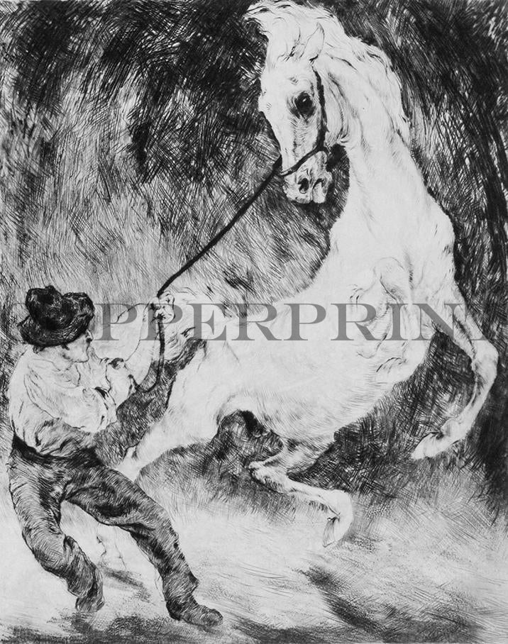 Mann versucht Pferd zu zähmen Kunstdruck Tiefdruck